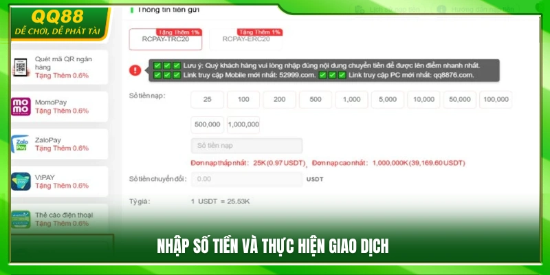 Nạp Tiền QQ88 – Hệ Thống Giao Dịch Nhanh Gọn Xử Lý Tức Thì 3 Điền số tiền cần nạp và tiến hành thanh toán